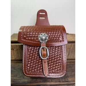 Western Cognac Leather Hand Tooled Saddle Bag with Stainless Steel Buckles